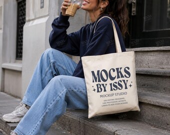 Liberty Bags OAD113 Natural Tote Bag Mockup, City Steps Canvas Bag Mockup with Coffee and Casual Street Style
