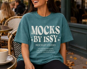 Comfort Colors 1717 Blue Spruce T-Shirt Mockup, Fall Cafe Patio Lifestyle Tee Mockup, Coffee Shop Shirt Mockup
