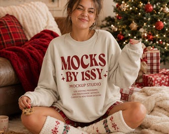 Gildan 18000 Sand Sweatshirt Mockup, Cozy Christmas Living Room Scene, Holiday Cookie Digital Apparel Mockup