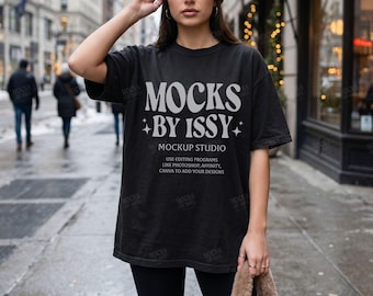 Comfort Colors 1717 Black T-Shirt Mockup, Winter City Street Lifestyle Tee Mockup, Urban Cozy Shirt Mockup
