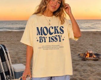 Comfort Colors 1717 バナナTシャツモックアップ、ビーチ焚き火Tシャツモックアップ、サンセットサマーコースタルアパレルモックアップ