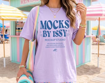 Comfort Colors 1717 Orchid T-Shirt Mockup, Beach Umbrella Rental Stand Summer Coastal Seller Display Tee Mockup