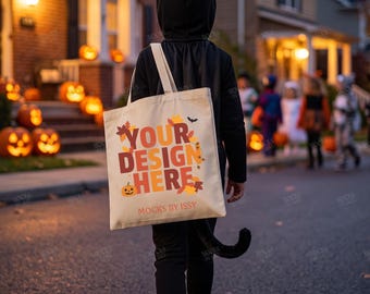 Liberty Bag OAD113 Natural Tote Bag Mockup, Halloween Trick or Treat Child Costume Scene, Fall Canvas Bag Design Template