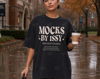 Comfort Colors 1717 Black T-Shirt Mockup, Campus Courtyard Lifestyle Tee Mockup, Autumn Coffee Shirt Mockup