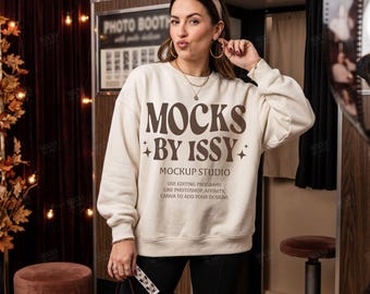 Gildan 18000 Sand Sweatshirt Mockup, Fall Photo Booth Scene, Retro Event Digital Apparel Mockup