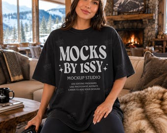 Comfort Colors 1717 Black T-Shirt Mockup, Cozy Ski Lodge Lifestyle Tee Mockup, Winter Cabin Fireplace Shirt Mockup