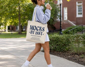 Liberty Bags OAD113 Natural Tote Bag Mockup, Campus Student Lifestyle Canvas Bag Mockup for Boho College Designs