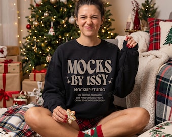 Gildan 18000 Black Sweatshirt Mockup, Cozy Christmas Living Room Scene, Holiday Cookie Digital Apparel Mockup