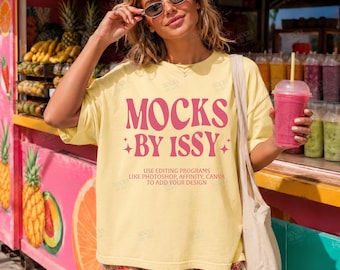 Comfort Colors 1717 バターTシャツモックアップ、トロピカルスムージースタンド、サマーフルーツマーケットオーバーサイズTシャツモックアップ