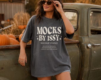 Comfort Colors 1717 Pepper T-Shirt Mockup, Fall Pumpkin Patch Vintage Truck Lifestyle Tee Mockup, Farmhouse Shirt Mockup