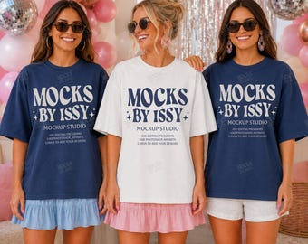 Comfort Colors 1717 White Navy T-Shirt Mockup, Women Group Tee Mockup, Party Backdrop Disco Ball Scene