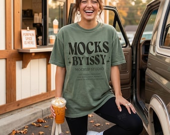 Comfort Colors 1717 Moss T-Shirt Mockup, Fall Drive Thru Coffee Lifestyle Tee Mockup, Casual Fall Shirt Mockup