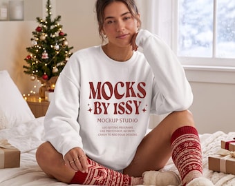 Gildan 18000 White Sweatshirt Mockup, Cozy Christmas Bedroom Scene, Holiday Morning Digital Apparel Mockup