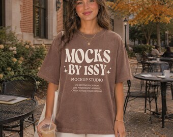 Comfort Colors 1717 Espresso T-Shirt Mockup, Campus Courtyard Lifestyle Tee Mockup, Autumn Coffee Shirt Mockup