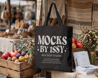 Liberty Bags OAD113 Black Tote Bag Mockup, Boho Market Canvas Bag Mockup with Fruit Stand and Artisan Display