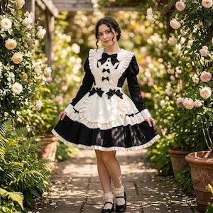 以下が含まれることがあります： フリルエプロンと袖が付いた、白と黒のロリータ風ドレス。ドレスには黒いリボンとハイカラーが付いています。黒いメリージェーンシューズと白いレースの靴下を履いています。背景は花のある庭です。