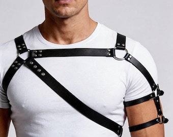 Men's Leather Chest Harness, Adjustable Body Straps with Arm Band, Goth Club Festival Wear