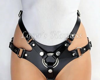 Butt Harness Black Vegan Leather Waist Straps With Silver O-Ring Detail Adjustable Buckles Festival Rave Outfit Gothic Fantasy Accessory