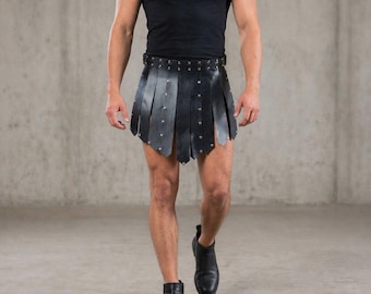 Men's Faux Leather Kilt, Black Gladiator Skirt with Riveted Panels, Cosplay LARP Outfit