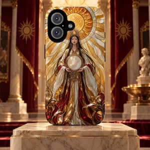May include: A smartphone case featuring a stained glass style illustration of a figure in flowing white and red robes holding a circular mirror. The design includes a radiant golden sun background with intricate light rays and floral accents.