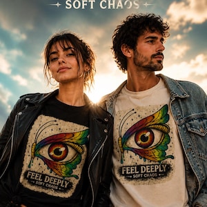 Può includere: Due magliette, una nera e una color crema, con una grafica di un occhio con ali di farfalla arcobaleno. I testi "FEEL DEEPLY" e "SOFT CHAOS" sono stampati sulle magliette. Un giubbotto di pelle nero e una giacca di jeans sono visibili.