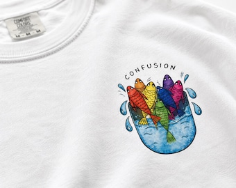 Confusion Fish Pocket Tee, Rainbow Schooling Fish Shirt, Comfort Colors 1717, Aquarium Gift Women, Ocean Aesthetic Tee, Colorful Fish Shirt