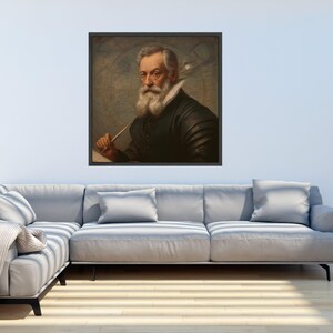 May include: A framed portrait of a distinguished older man with a long white beard, wearing a dark outfit with a white collar. He holds a writing instrument, set against a backdrop of a map.