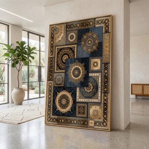 Könnte beinhalten: Ein großes rechteckiges Wandbild mit einer Collage aus komplexen Mandala-Mustern in tiefem Marineblau, Schwarz und Metallic-Gold. Das Kunstwerk ist in einen dünnen, hellen Holzrahmen gefasst und zeigt eine Reihe verzierter geometrischer und floraler Motive, die in einer strukturierten, geschichteten Komposition angeordnet sind.