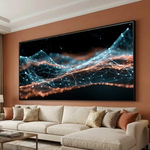 Abstract Digital Network Canvas, Blue and Orange Light Web, Modern Technology Wall Art, Futuristic Data Visualization Canvas, Contemporary