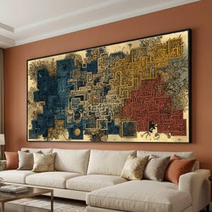 May include: Large framed abstract art piece with a geometric design. The artwork features a gradient of colors, transitioning from blue to yellow to red. The design includes square and rectangular shapes with intricate patterns.