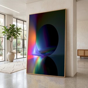 Abstract Black Sphere Canvas, Colorful Light Reflection Wall Art, Modern Home Decoration, Geometric Canvas Print, Contemporary Room Accent