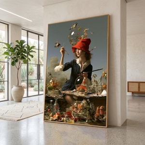 May include: A large rectangular framed wall art print depicting a person wearing a red hat and dark jacket, holding a paintbrush. The scene features multiple glass spheres containing various objects, fruits, and flowers, set against a muted sky.