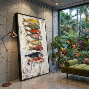 May include: A large rectangular framed wall art piece featuring a vertical stack of eight stylised fish painted in vibrant yellow, green, red, and blue hues against a textured white background with visible paint drips and splatters.