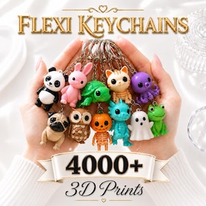 Könnte beinhalten: Eine Sammlung kleiner, beweglicher Tier- und Figuren-Schlüsselanhänger, darunter ein Panda, ein rosa Hase, eine grüne Schildkröte, eine orangefarbene Katze, ein violetter Oktopus, ein Mops, eine Eule, ein Kürbisskelett, ein blauer Drache, ein Geist und ein grüner Frosch, mit dem Text FLEXI KEYCHAINS 4000+ 3D Prints.