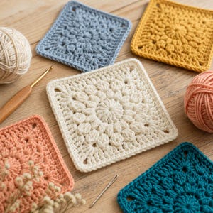 May include: Five square crochet motifs in cream, light blue, mustard yellow, peach, and teal. A ball of cream yarn, a ball of peach yarn, a wooden crochet hook, and a metal sewing needle are arranged alongside the handmade textile squares.