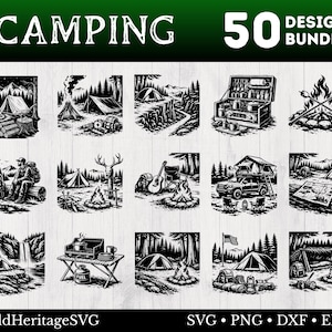 May include: Black and white camping designs bundle with 50 illustrations. The designs include tents, campfires, outdoor scenes, and camping gear. The word "CAMPING" is at the top, and the words "50 DESIGNS BUNDLE" are on the right. The bottom of the image has the text "OldHeritageSVG" and "SVG • PNG • DXF • EPS".