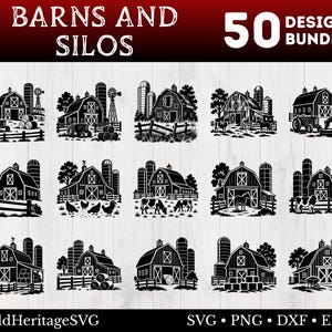Puede incluir: Un paquete digital de 50 diseños gráficos en blanco y negro que muestran graneros, silos, animales de granja, tractores y molinos de viento. El texto superior dice BARNS AND SILOS 50 DESIGNS BUNDLE y el inferior OldHeritageSVG SVG PNG DXF EPS.