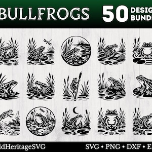 May include: A digital collection of 50 black and white bullfrog illustrations featuring various frog poses in pond settings with cattails and lily pads. The graphic bundle includes the text BULLFROGS 50 DESIGNS BUNDLE and OldHeritageSVG.
