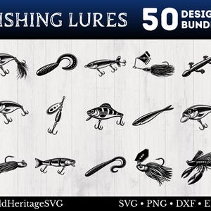 May include: A collection of 12 black and white fishing lure designs. The image includes various lure styles, such as crankbaits, spinners, and soft plastic worms. The text "FISHING LURES 50 DESIGNS BUNDLE" is at the top. The image also includes the text "OldHeritageSVG" and file type information.