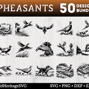 May include: Black and white digital art bundle featuring 50 pheasant designs. The collection includes illustrations of pheasants in various poses, hunting scenes with dogs, and flying pheasants. The text "PHEASANTS 50 DESIGNS BUNDLE" is at the top.