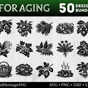 Op de afbeelding: Zwart-wit illustraties van elementen voor voedsel zoeken, waaronder bessen, noten, dennenappels, paddenstoelen en planten. De tekst "FORAGING" en "50 DESIGNS BUNDLE" staan bovenaan. Onderaan staat "OldHeritageSVG" en "SVG • PNG • DXF • EPS".