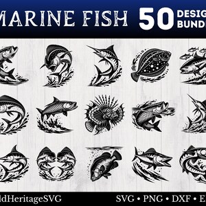 Puede incluir: Un paquete de 50 diseños de peces marinos en blanco y negro. Los diseños incluyen varias especies de peces, como marlines y atunes, con efectos de salpicaduras de agua. El texto "MARINE FISH" y "DESIGNS BUNDLE" está en la parte superior.