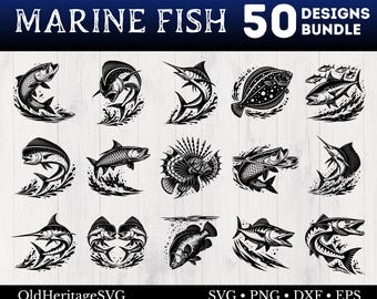 Marine Fish Svg Bundle, 50 Saltwater Fishing Cut Files, Ocean Png Clipart, Cricut Silhouette Dxf Eps