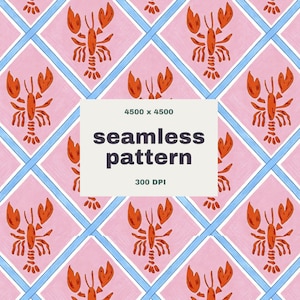 May include: A seamless pattern featuring orange lobsters on a pink background, framed by light blue diagonal lines. The design includes the text "seamless pattern" and "300 DPI". The pattern is 4500 x 4500 pixels.