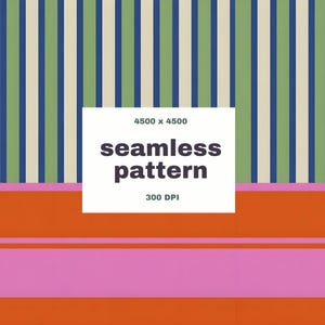 May include: A colorful seamless pattern design with vertical stripes in green, blue, and beige. The bottom of the image features horizontal stripes in orange and pink. The text "seamless pattern" is displayed on a white rectangle.