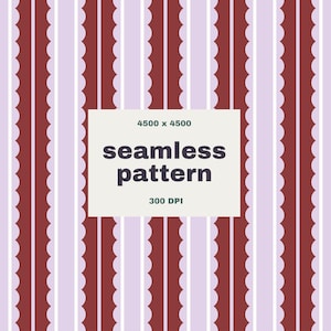 Può includere: Design a motivo senza cuciture con strisce verticali in bordeaux, lilla chiaro e bianco. Le strisce bordeaux hanno un bordo smerlato. Il testo "seamless pattern" è visualizzato su un rettangolo color crema.