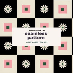 May include: A seamless pattern with a grid of black, off-white, and pink squares. White daisies and dark green squares are arranged in the pattern. The text "seamless pattern" is displayed in a white rectangle.