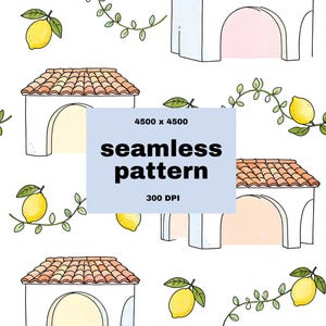 Könnte beinhalten: Ein nahtloses Muster mit Illustrationen von Zitronen, gewölbten Gebäuden und Ranken. Die Gebäude haben rote Ziegeldächer und sind weiß gestrichen. Der Text "seamless pattern" wird auf hellblauem Hintergrund angezeigt.