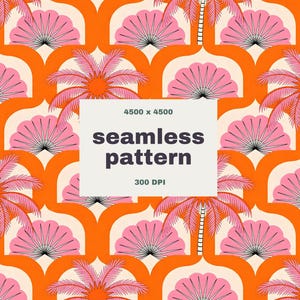 Könnte beinhalten: Ein nahtloses Muster mit einem sich wiederholenden Design aus rosa Palmen und fächerförmigen Elementen auf einem orangefarbenen Hintergrund. Der Entwurf enthält den Text "seamless pattern" und "300 DPI".
