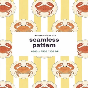 Peut inclure: Un motif répétitif composé de crabes orange centrés dans des cadres crème festonnés, disposés sur un fond à rayures verticales jaunes et blanches. Le texte indique : MODERN SQUARE TILE seamless pattern 4500 x 4500 / 300 DPI.